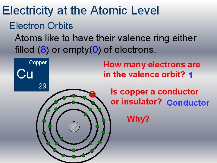 Electricity at the Atomic Level Electron Orbits Atoms like to have their valence ring