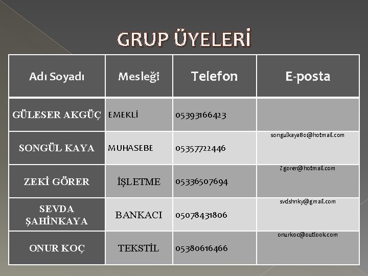 GRUP ÜYELERİ Adı Soyadı Mesleği GÜLESER AKGÜÇ EMEKLİ Telefon E-posta 05393166423 songulkaya 80@hotmail. com