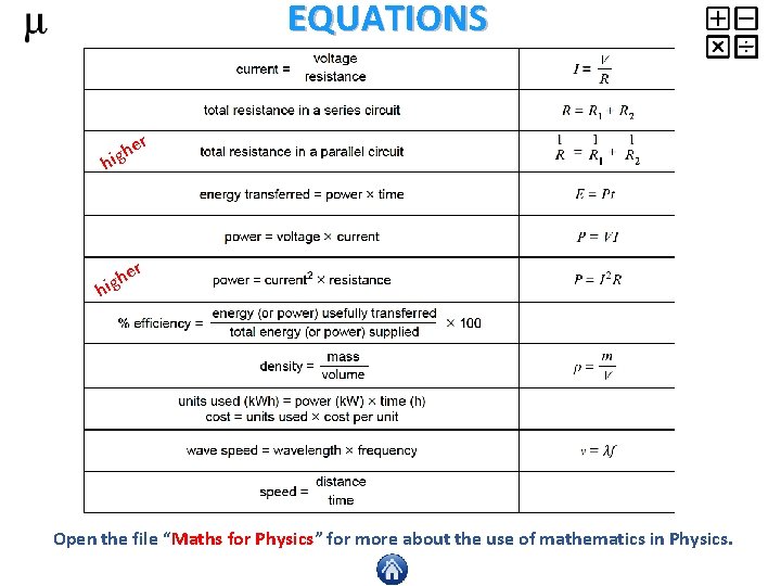EQUATIONS r e igh h er h hig Open the file “Maths for Physics”