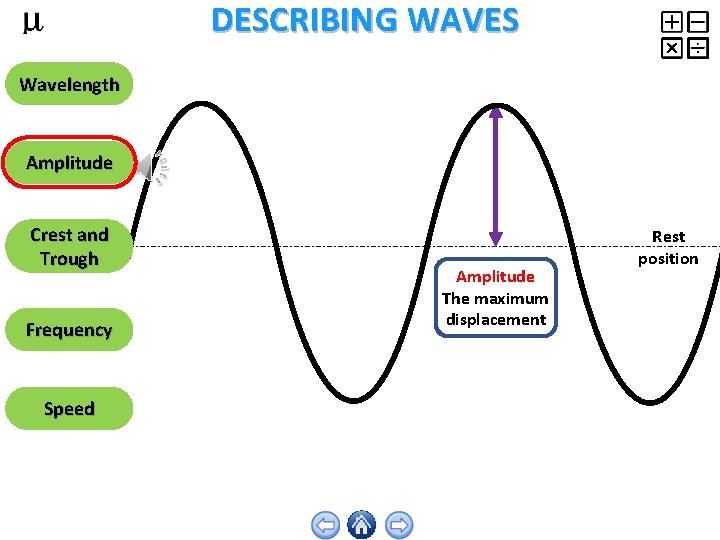 DESCRIBING WAVES Wavelength Amplitude Crest and Trough Frequency Speed Amplitude The maximum displacement Rest