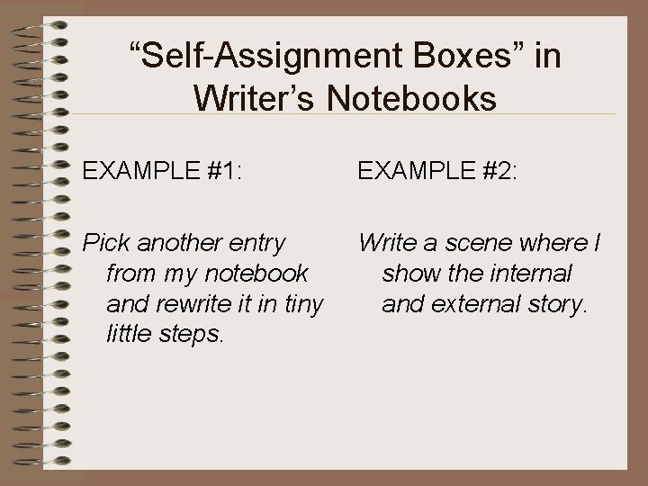 “Self-Assignment Boxes” in Writer’s Notebooks EXAMPLE #1: EXAMPLE #2: Pick another entry from my