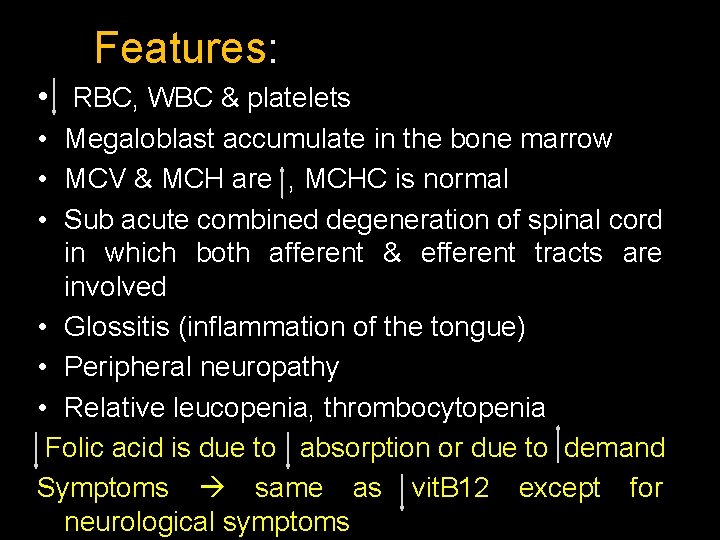 Features: • RBC, WBC & platelets • Megaloblast accumulate in the bone marrow •