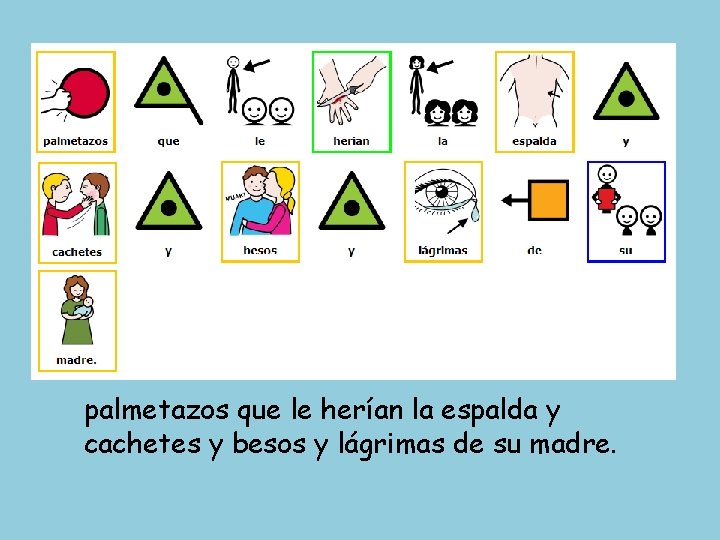 palmetazos que le herían la espalda y cachetes y besos y lágrimas de su