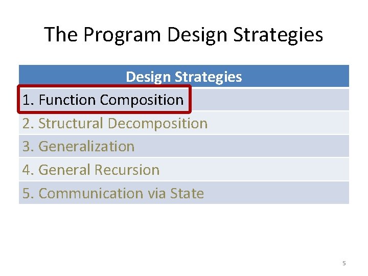 The Program Design Strategies 1. Function Composition 2. Structural Decomposition 3. Generalization 4. General