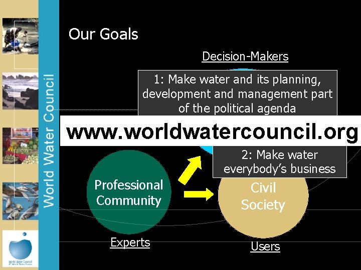 Our Goals Decision-Makers 1: Make water and its planning, development and management part of