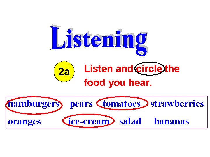 2 a Listen and circle the food you hear. hamburgers pears tomatoes oranges ice-cream