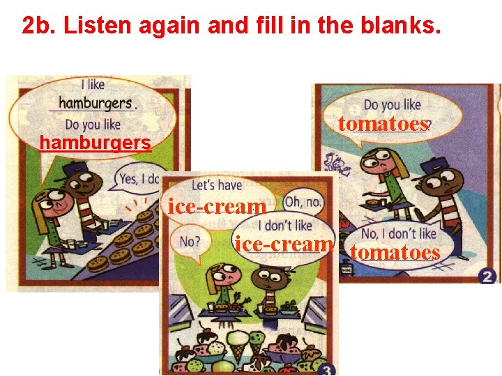 2 b. Listen again and fill in the blanks. tomatoes hamburgers ice-cream tomatoes 