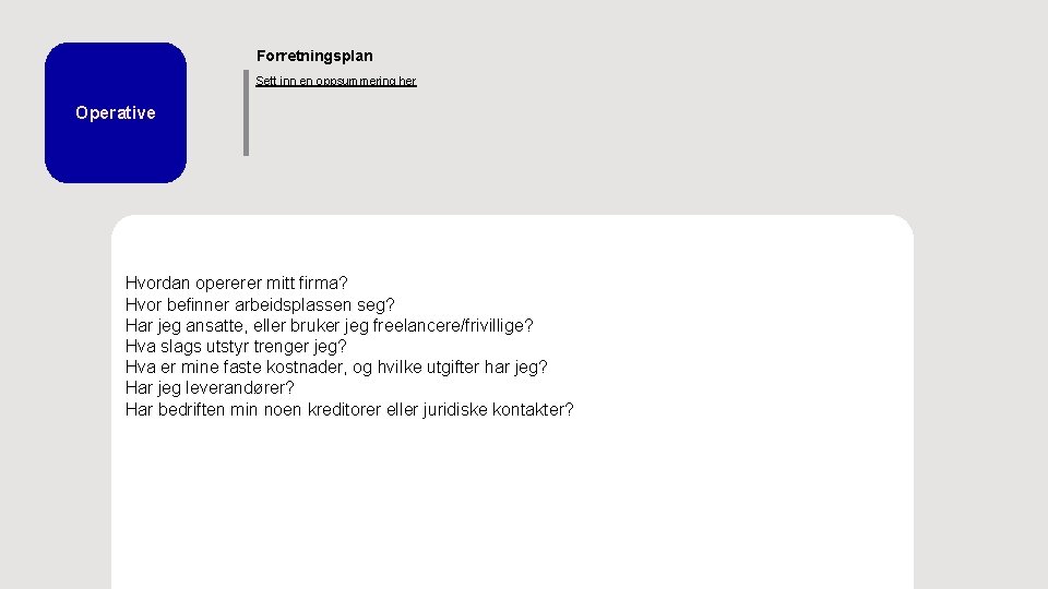 Forretningsplan Sett inn en oppsummering her Operative Hvordan opererer mitt firma? Hvor befinner arbeidsplassen Forretningsplan Sett inn en oppsummering her Operative Hvordan opererer mitt firma? Hvor befinner arbeidsplassen