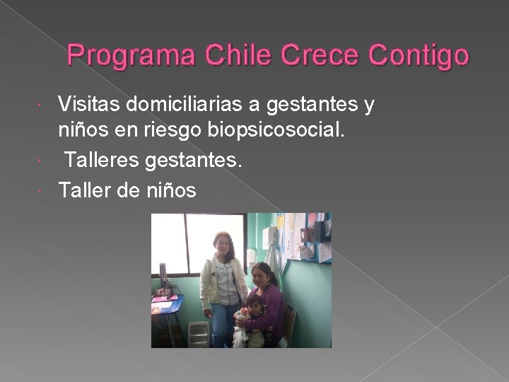Programa Chile Crece Contigo Visitas domiciliarias a gestantes y niños en riesgo biopsicosocial. Talleres