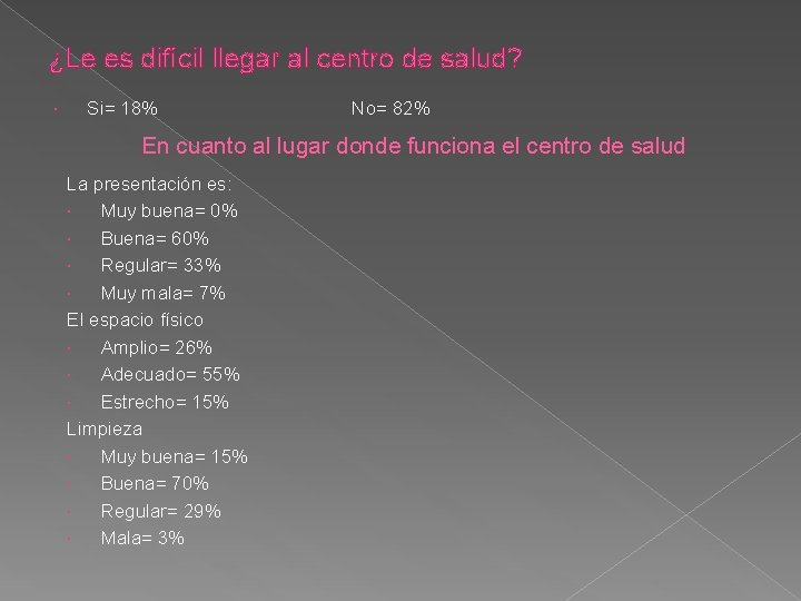 ¿Le es difícil llegar al centro de salud? Si= 18% No= 82% En cuanto