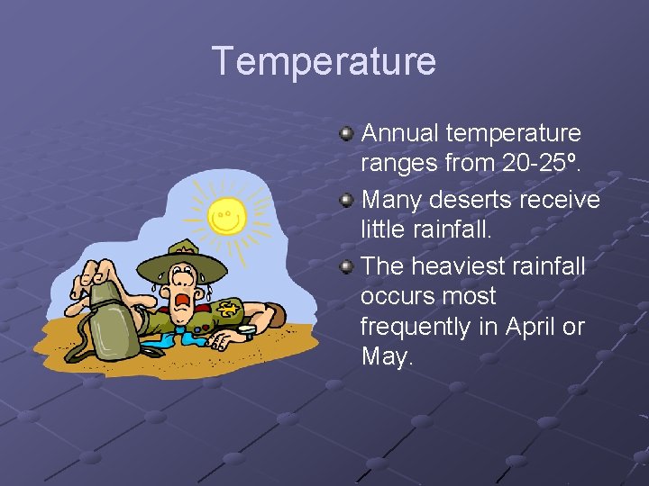 Temperature Annual temperature ranges from 20 -25º. Many deserts receive little rainfall. The heaviest