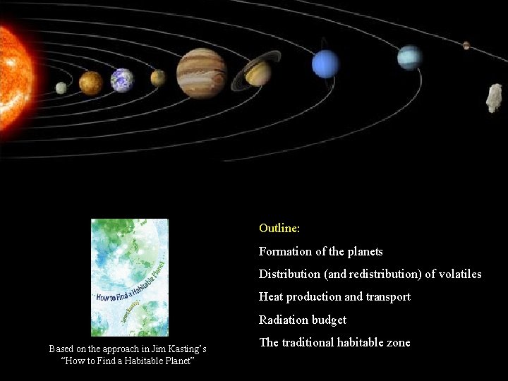Outline: Formation of the planets Distribution (and redistribution) of volatiles Heat production and transport
