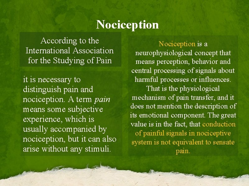 Nociception According to the International Association for the Studying of Pain it is necessary