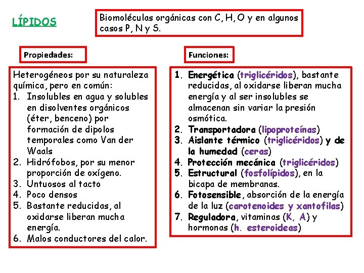 LÍPIDOS Biomoléculas orgánicas con C, H, O y en algunos casos P, N y
