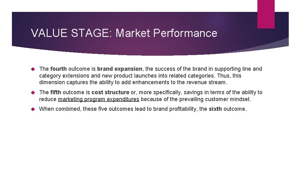 VALUE STAGE: Market Performance The fourth outcome is brand expansion, the success of the