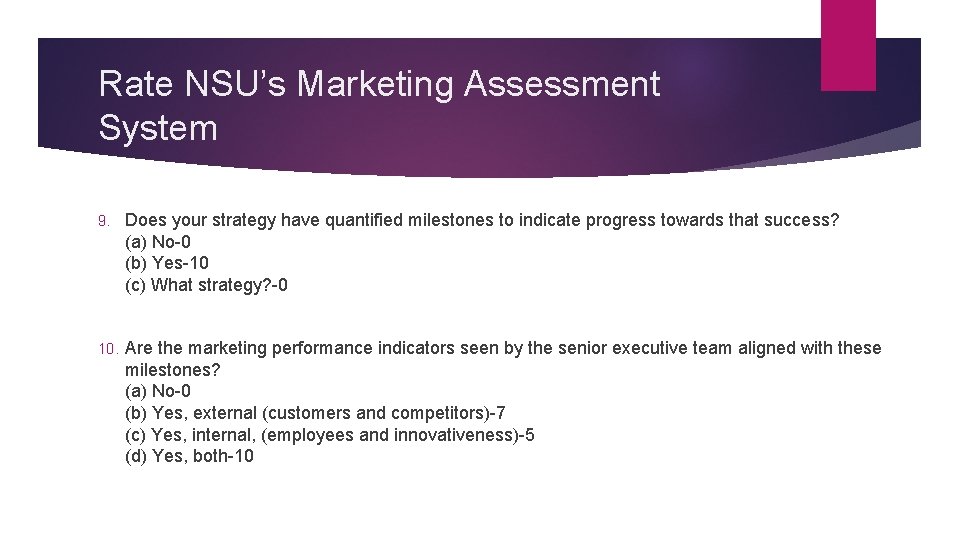 Rate NSU’s Marketing Assessment System 9. Does your strategy have quantified milestones to indicate