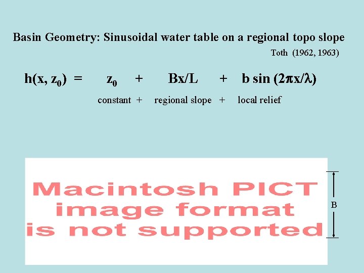 Basin Geometry: Sinusoidal water table on a regional topo slope Toth (1962, 1963) h(x,