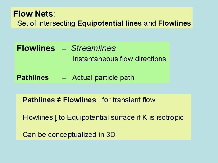 Flow Nets: Set of intersecting Equipotential lines and Flowlines = Streamlines = Instantaneous flow
