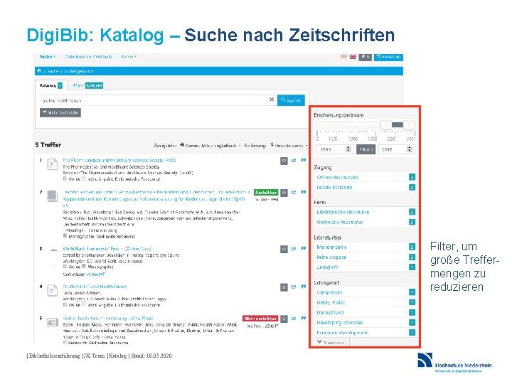 Digi. Bib: Katalog – Suche nach Zeitschriften Filter, um große Treffermengen zu reduzieren |