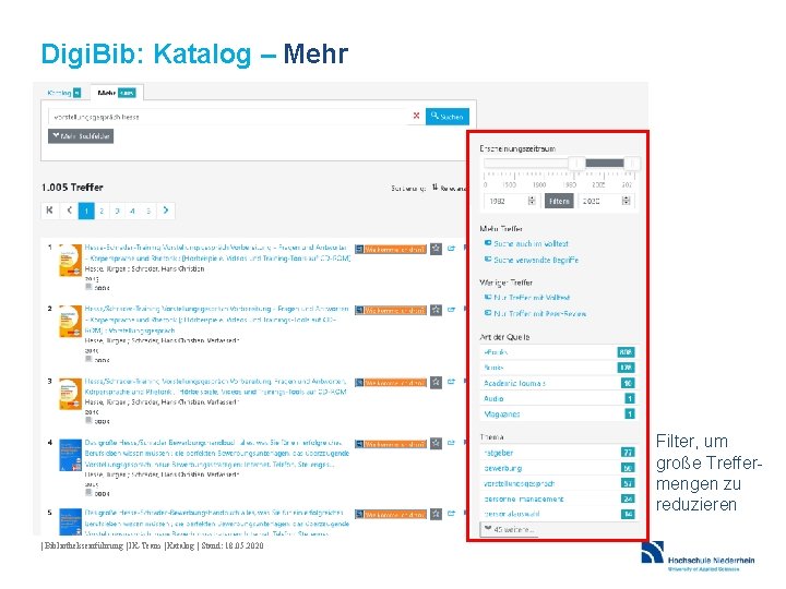 Digi. Bib: Katalog – Mehr Filter, um große Treffermengen zu reduzieren | Bibliothekseinführung |