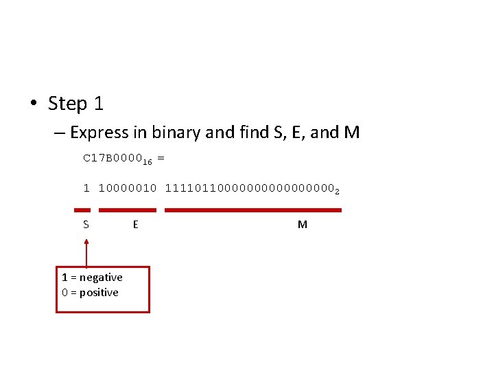  • Step 1 – Express in binary and find S, E, and M