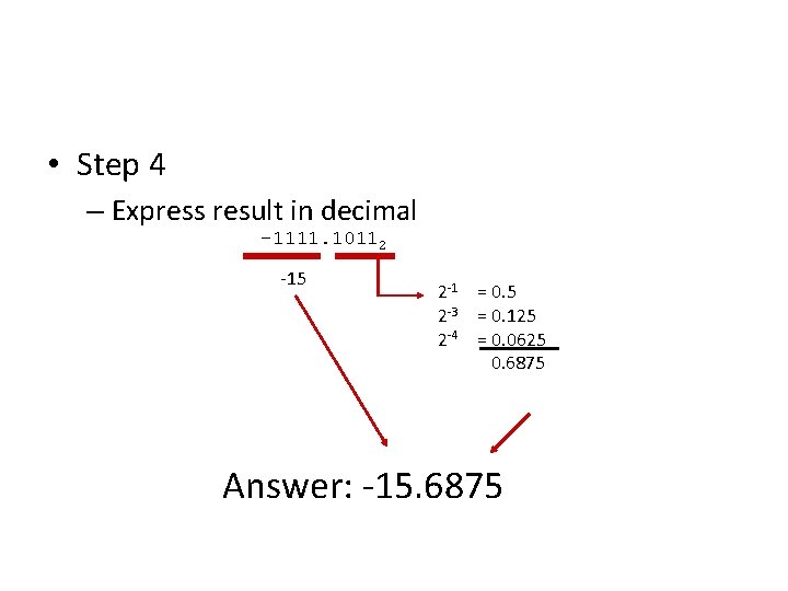 • Step 4 – Express result in decimal -1111. 10112 -15 2 -1 • Step 4 – Express result in decimal -1111. 10112 -15 2 -1