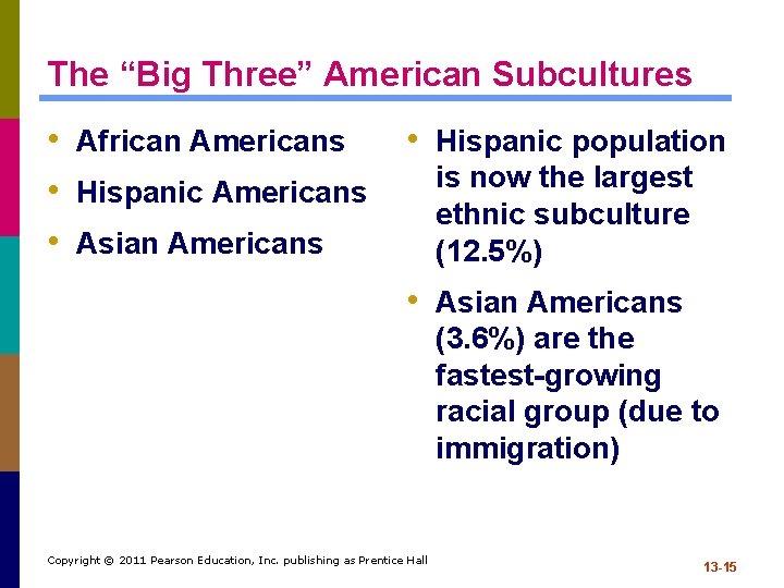 The “Big Three” American Subcultures • African Americans • Hispanic Americans • Asian Americans