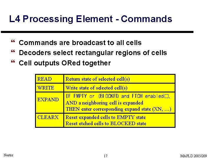L 4 Processing Element - Commands } Commands are broadcast to all cells } L 4 Processing Element - Commands } Commands are broadcast to all cells }