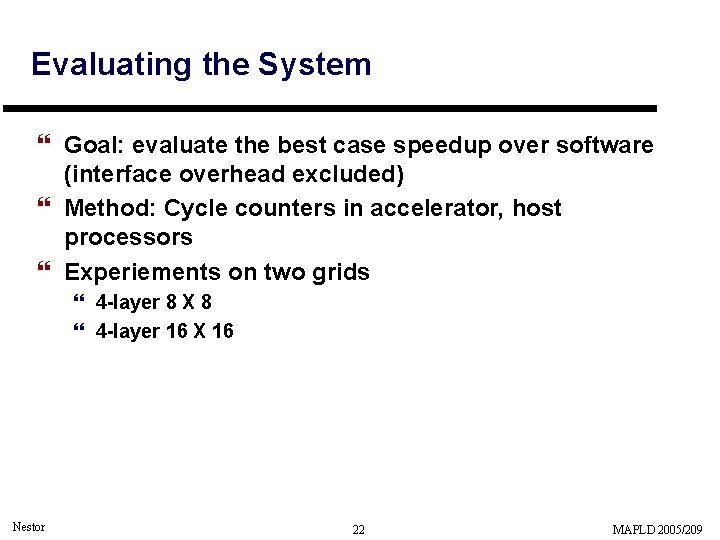 Evaluating the System } Goal: evaluate the best case speedup over software (interface overhead