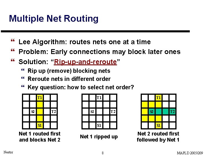 Multiple Net Routing } Lee Algorithm: routes nets one at a time } Problem: