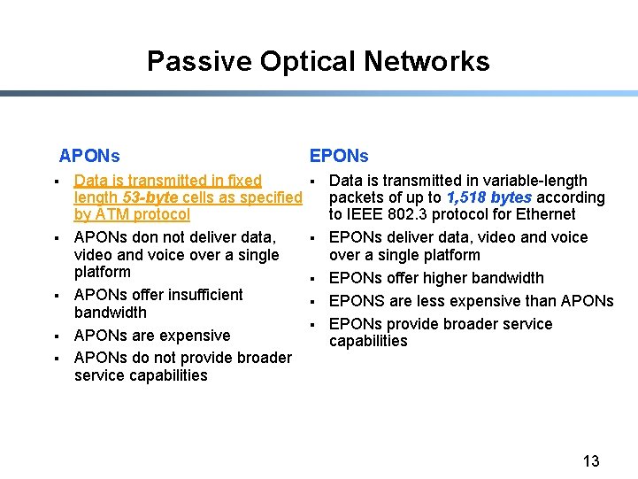 Passive Optical Networks APONs § § § Data is transmitted in fixed length 53