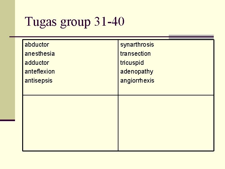 Tugas group 31 -40 abductor anesthesia adductor anteflexion antisepsis synarthrosis transection tricuspid adenopathy angiorrhexis