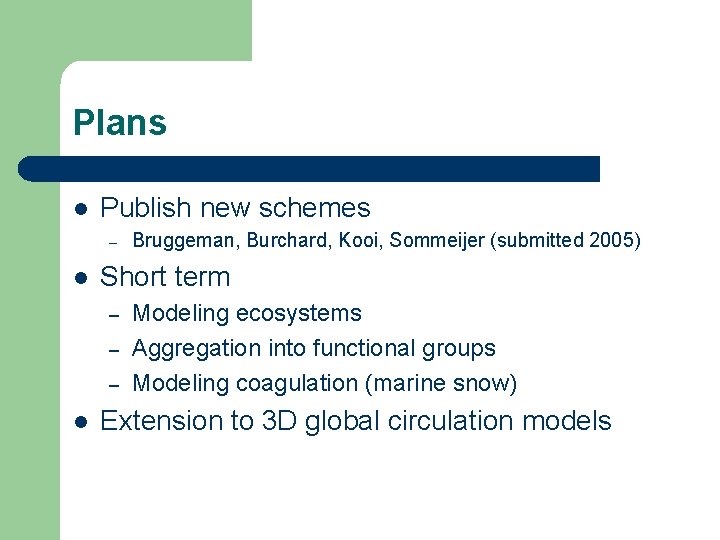 Plans l Publish new schemes – l Short term – – – l Bruggeman,