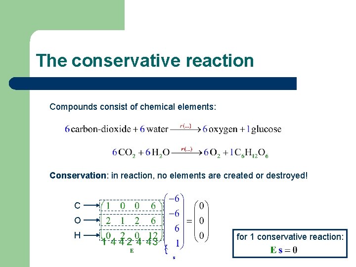 The conservative reaction Compounds consist of chemical elements: Conservation: in reaction, no elements are