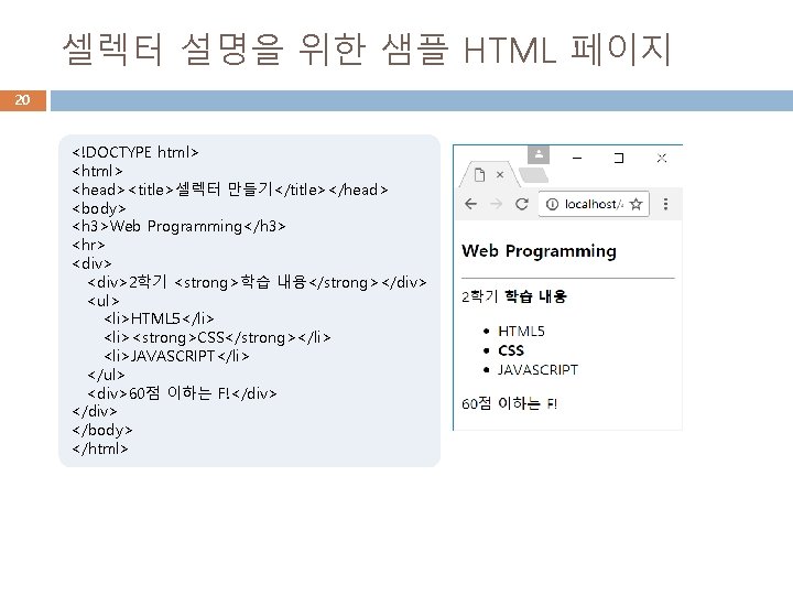 셀렉터 설명을 위한 샘플 HTML 페이지 20 <!DOCTYPE html> <head><title>셀렉터 만들기</title></head> <body> <h 3>Web