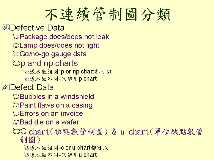 不連續管制圖分類 Defective Data Package does/does not leak Lamp does/does not light Go/no-go gauge data