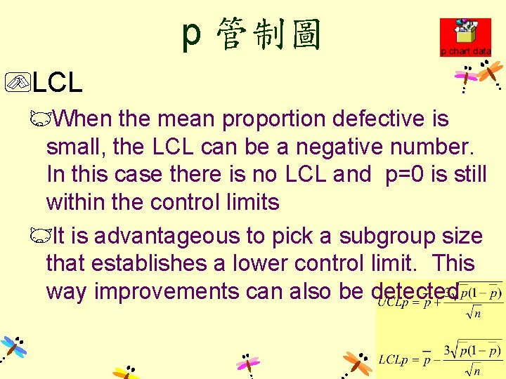 p 管制圖 LCL When the mean proportion defective is small, the LCL can be