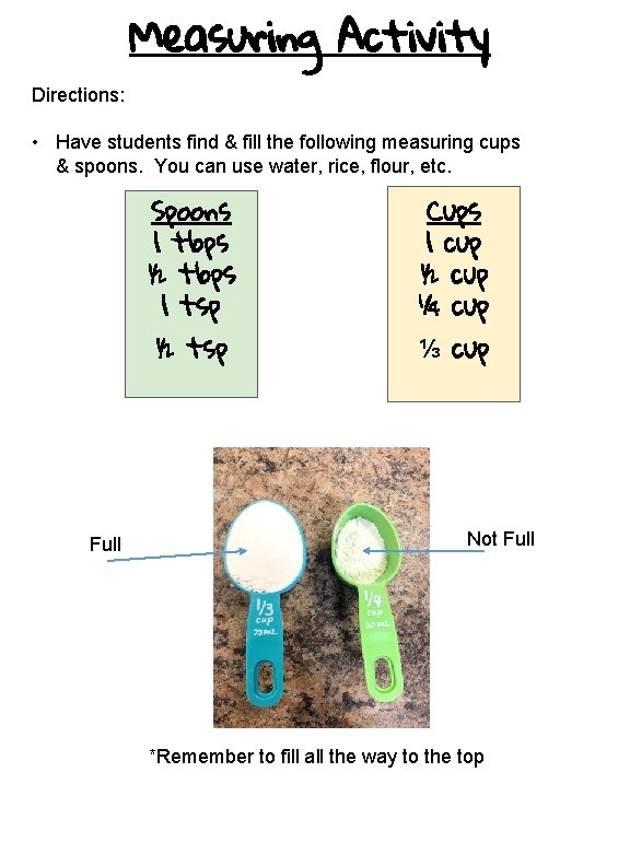 Measuring Activity Directions: • Have students find & fill the following measuring cups &