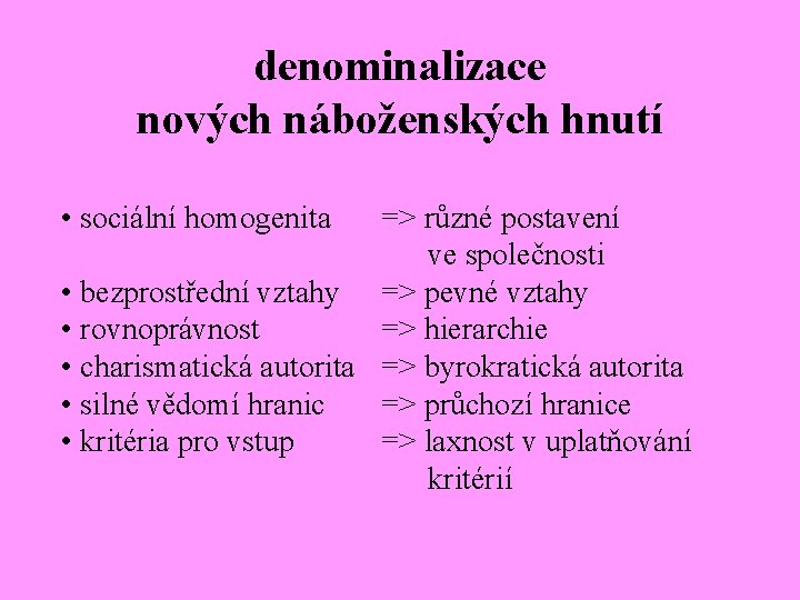 denominalizace nových náboženských hnutí • sociální homogenita => různé postavení ve společnosti • bezprostřední