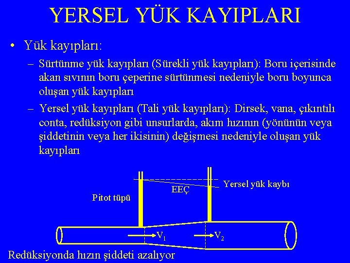 YERSEL YÜK KAYIPLARI • Yük kayıpları: – Sürtünme yük kayıpları (Sürekli yük kayıpları): Boru