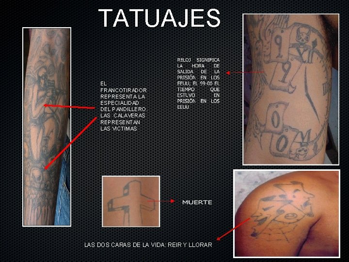 TATUAJES EL FRANCOTIRADOR REPRESENTA LA ESPECIALIDAD DEL PANDILLERO. LAS CALAVERAS REPRESENTAN LAS VICTIMAS LAS