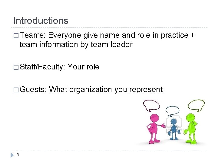 Introductions � Teams: Everyone give name and role in practice + team information by