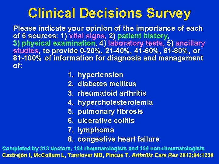 Clinical Decisions Survey Please indicate your opinion of the importance of each of 5