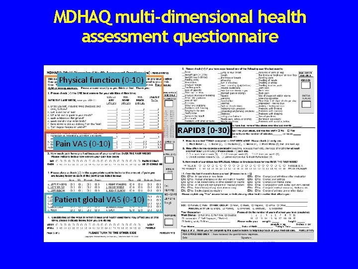 MDHAQ multi-dimensional health assessment questionnaire Physical function (0 -10) RAPID 3 (0 -30) Pain