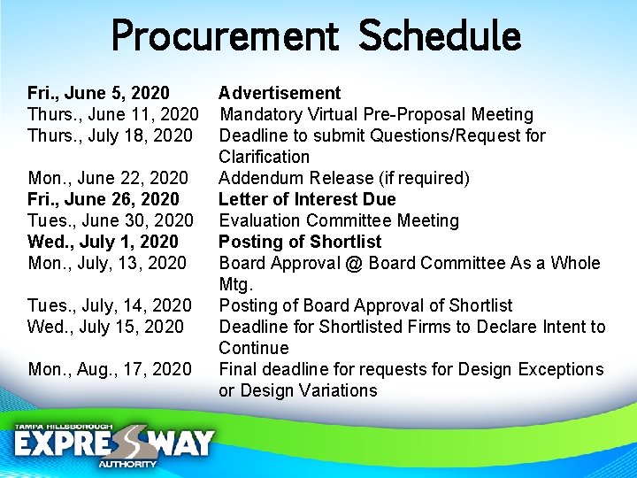 Procurement Schedule Fri. , June 5, 2020 Advertisement Thurs. , June 11, 2020 Mandatory