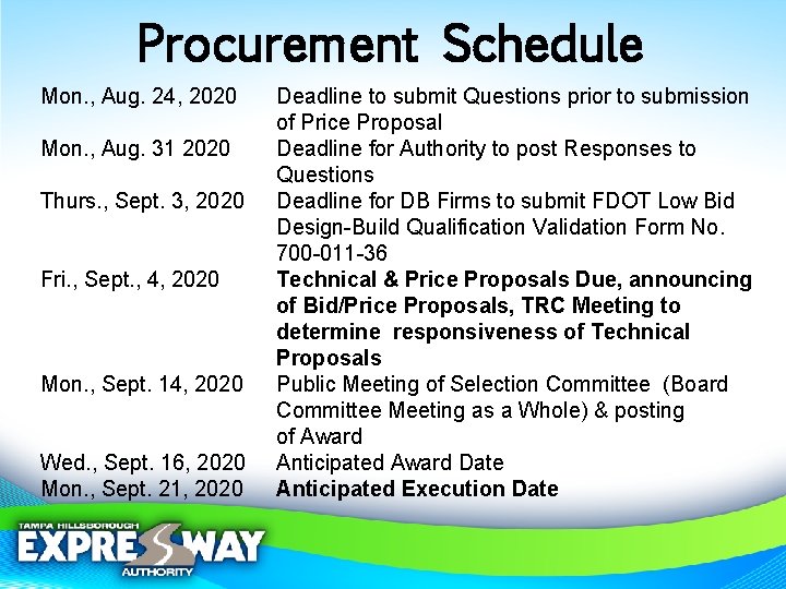 Procurement Schedule Mon. , Aug. 24, 2020 Mon. , Aug. 31 2020 Thurs. ,