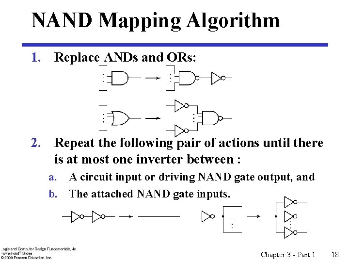 NAND Mapping Algorithm 1. Replace ANDs and ORs: 2. Repeat the following pair of NAND Mapping Algorithm 1. Replace ANDs and ORs: 2. Repeat the following pair of
