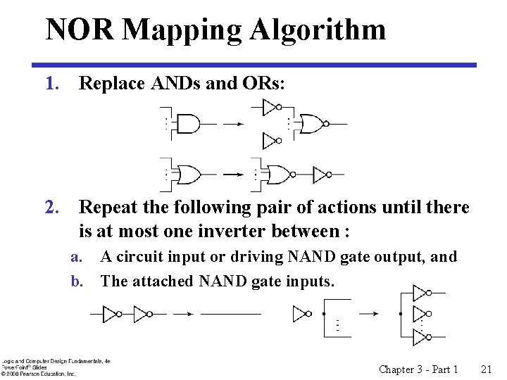 NOR Mapping Algorithm 1. Replace ANDs and ORs: 2. Repeat the following pair of NOR Mapping Algorithm 1. Replace ANDs and ORs: 2. Repeat the following pair of