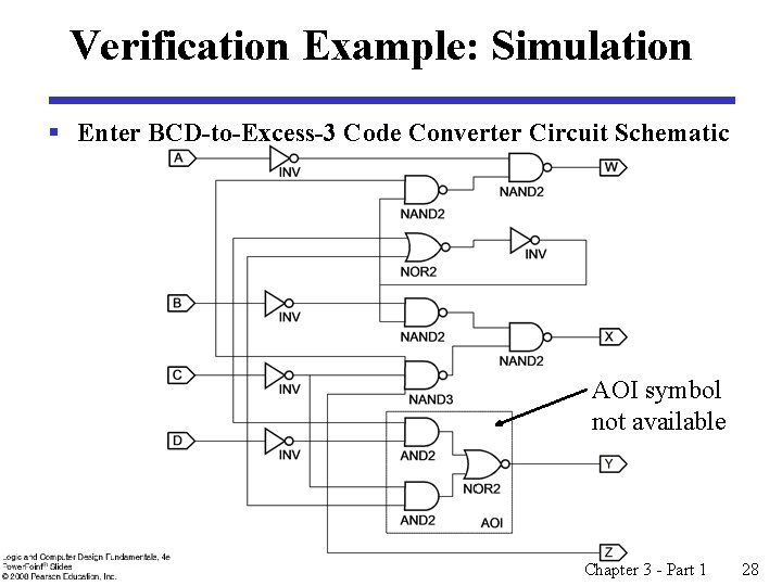 Verification Example: Simulation § Enter BCD-to-Excess-3 Code Converter Circuit Schematic AOI symbol not available Verification Example: Simulation § Enter BCD-to-Excess-3 Code Converter Circuit Schematic AOI symbol not available