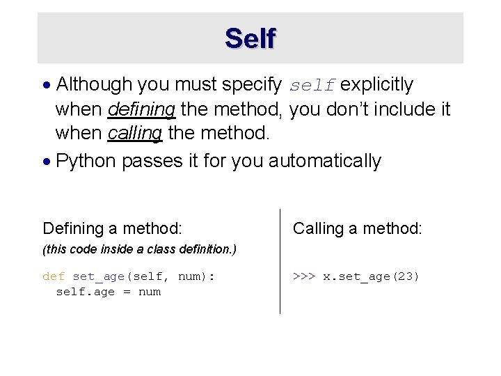 Self · Although you must specify self explicitly when defining the method, you don’t Self · Although you must specify self explicitly when defining the method, you don’t